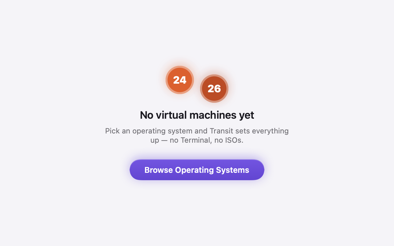 Transit’s empty library with its Browse Operating Systems button.