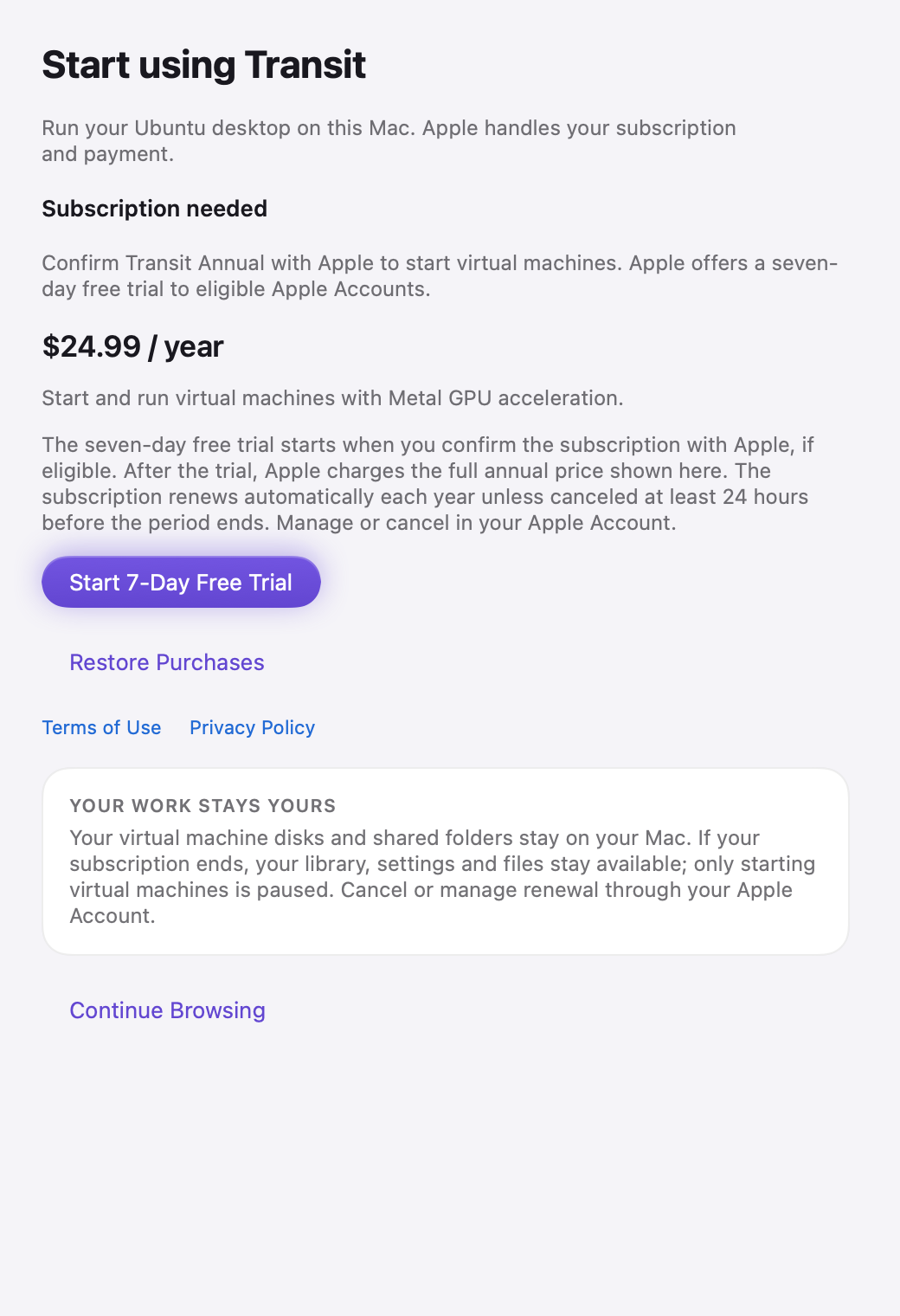 Transit’s Start using Transit setup with the annual subscription and restore actions.