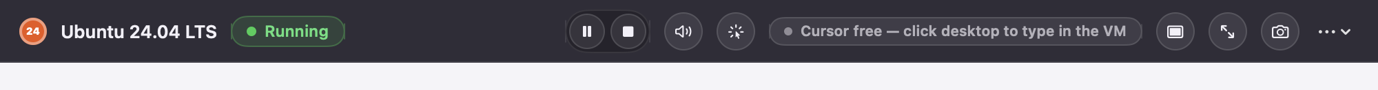 A running VM toolbar showing Cursor free, audio, lifecycle, fullscreen, screenshot and More controls.